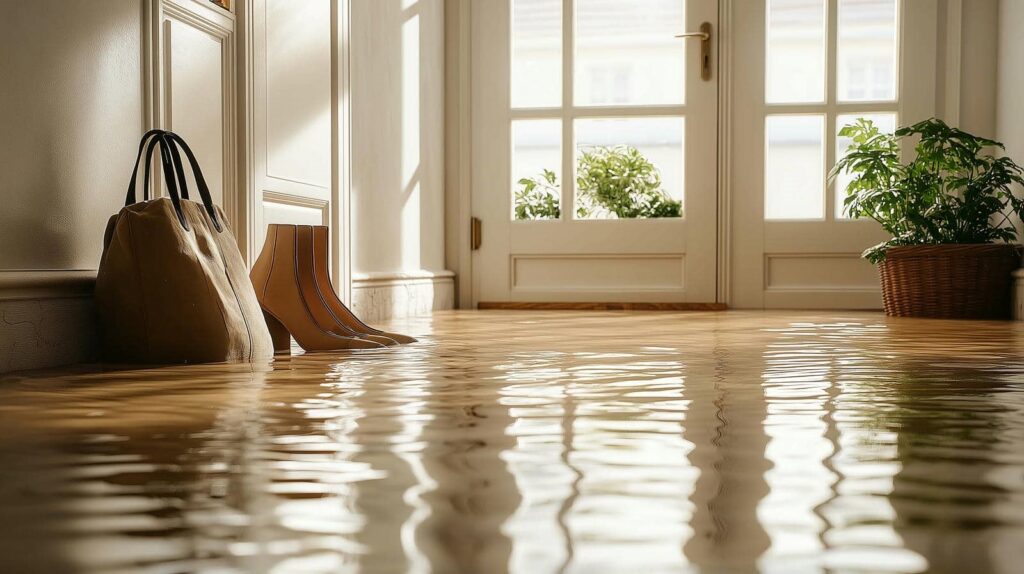 Flooded indoor hallway with a bag, boots, and a potted plant near a glass door.