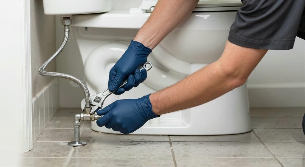 Person wearing blue gloves using a wrench to fix a water valve near a toilet.