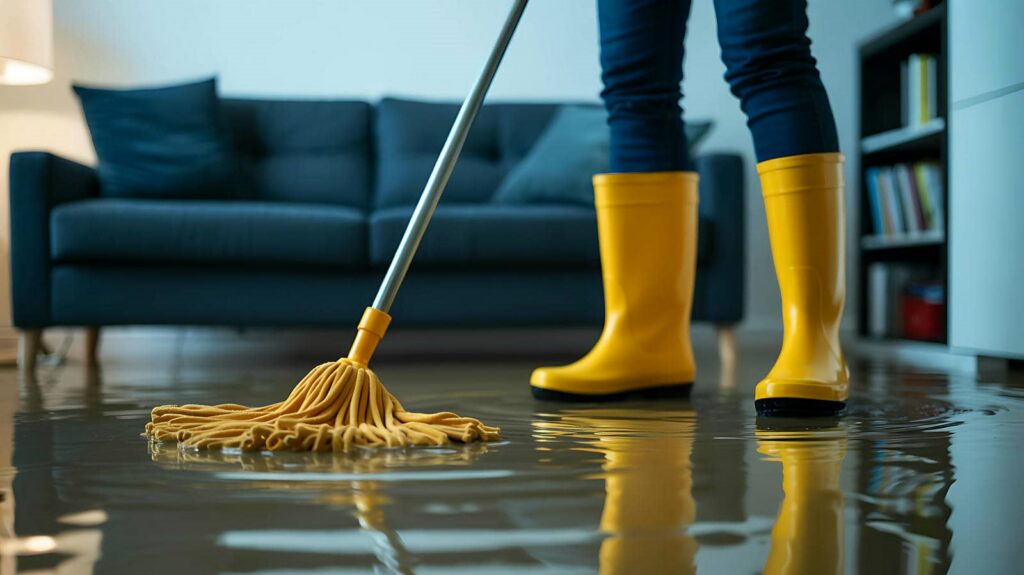 Person in yellow boots mopping a flooded living room floor with a dark sofa in the background.