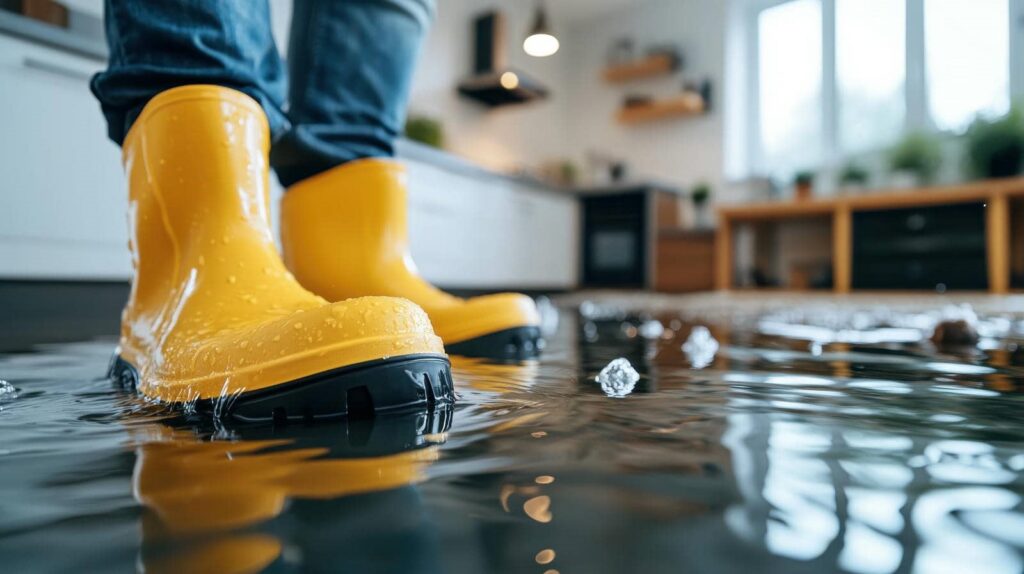 Person wearing yellow rain boots standing in a flooded kitchen with water on the floor.
