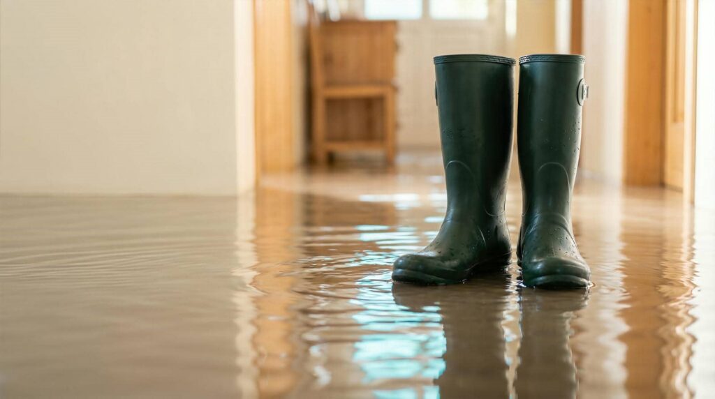 Pair of black rain boots standing in a flooded indoor hallway with water reflecting light.