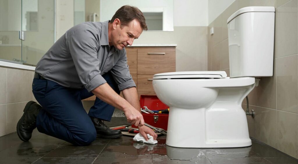 A man kneels on a wet bathroom floor fixing a toilet with a wrench and a cloth.