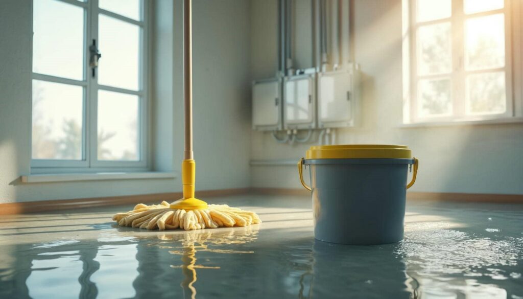 Mop and bucket on a wet floor in a sunlit room with large windows.