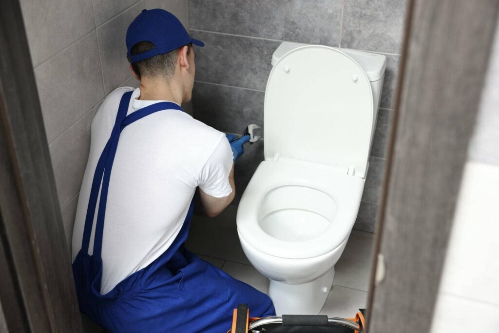 Plumber in blue overalls fixing a white toilet in a tiled bathroom.