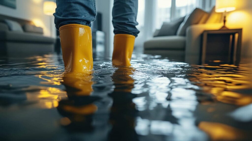 Person wearing yellow rain boots standing in a flooded living room with water covering the floor.