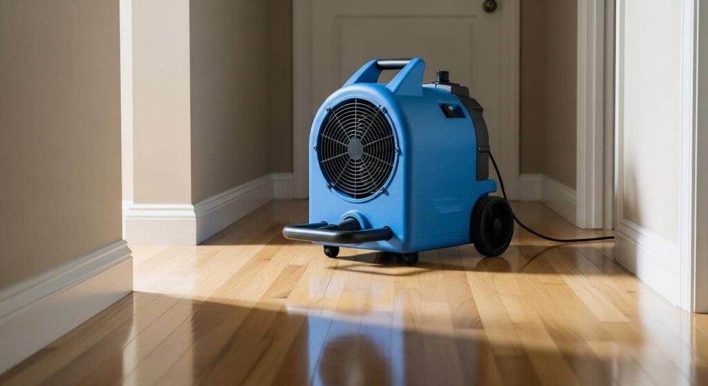 Blue air mover or floor drying fan on a hardwood floor in a hallway.
