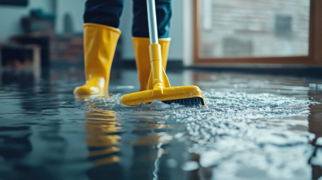 Person in yellow boots using a yellow mop to clean a flooded floor indoors.