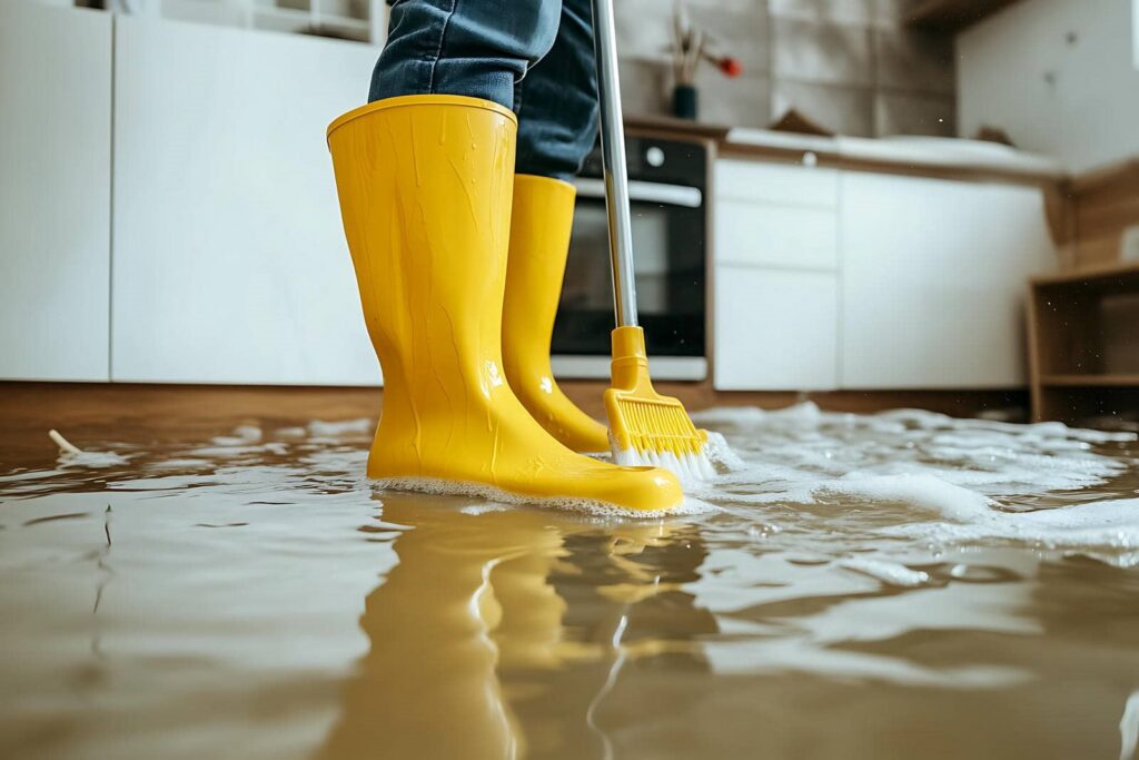 Person wearing yellow rain boots mopping a flooded kitchen floor.